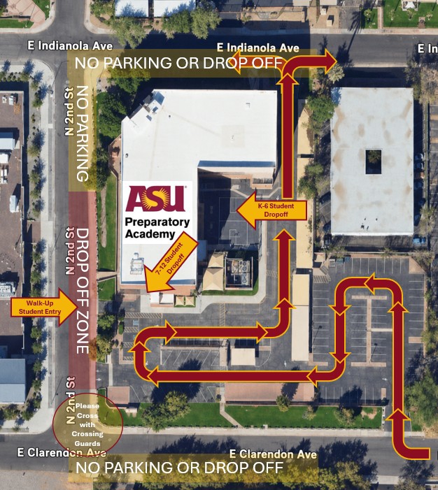 Overhead map view of the driveline procedure for the ASU Prep Phoenix campus