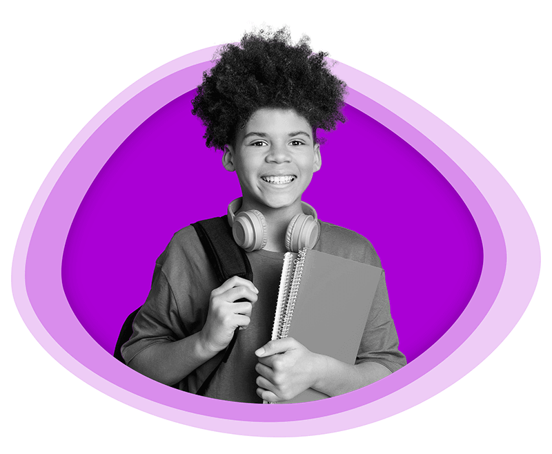Student with headphones and notebooks