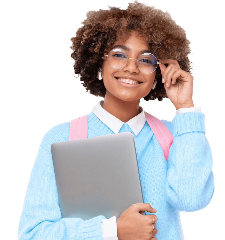 Young african american girl smiling and holding a laptop