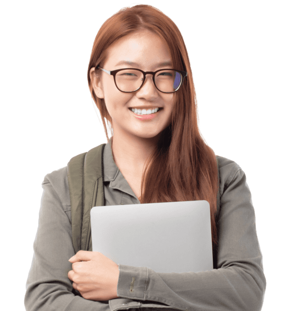 Asian female student smiling while holding onto her laptop