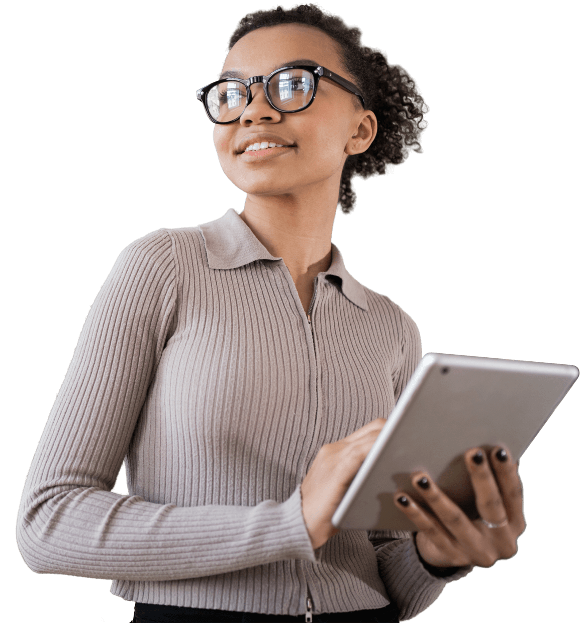 Female student looking up with a tablet in her hands