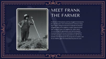 A slide within the course that reads, "Meet Frank the Farmer"