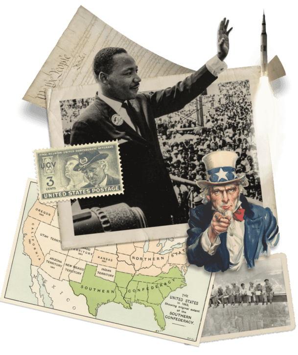 A compilation of images including Martin Luther King waving at the crowd, map of the united states, and a WWII poster inspiring men to join the Army
