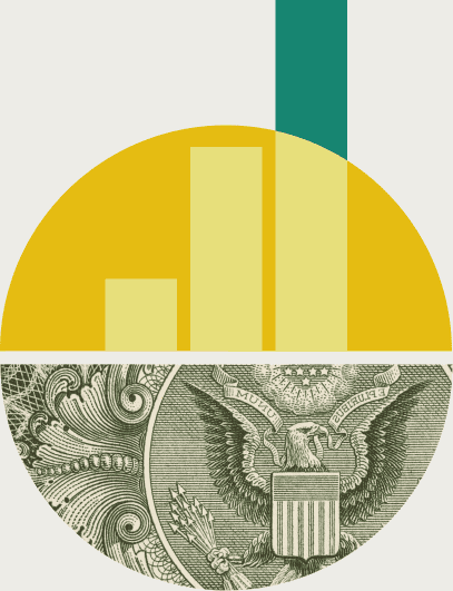 Image of two half circles. The top half circle is yellow and the bottom half circle is filled with a close up image of a dollar bill.