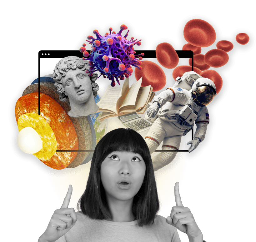 Girl pointing up to 3D rendered images of an astronaut, red blood cells, a virus, book, calculator, antique terracotta head of greek and layers of earth.