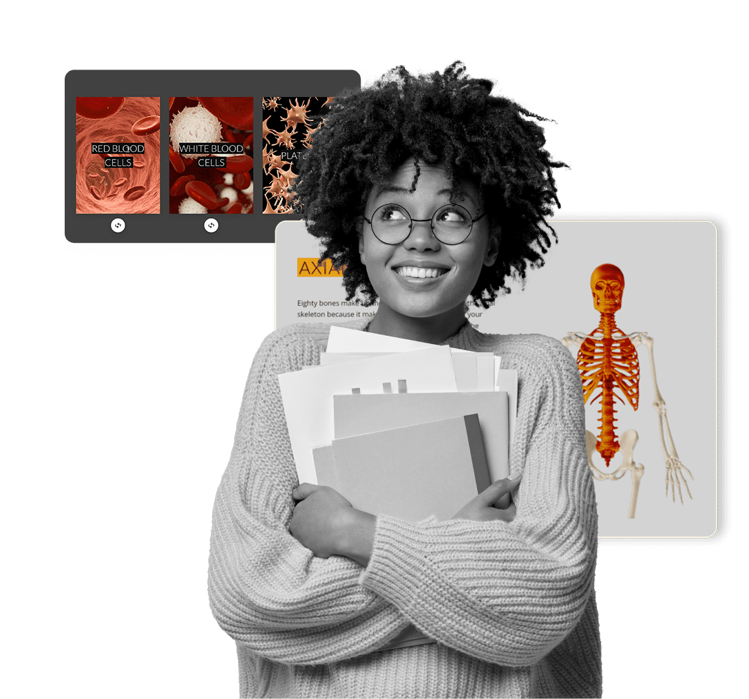 Girl smiling holding her books with screencaps behind her of the inside of the course showing the human skeletal body
