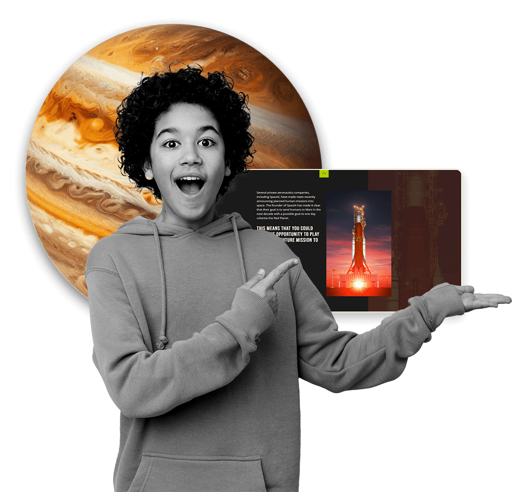 Boy smiling while he points to his left at screencaps of the course and a 3D render of Jupiter behind him