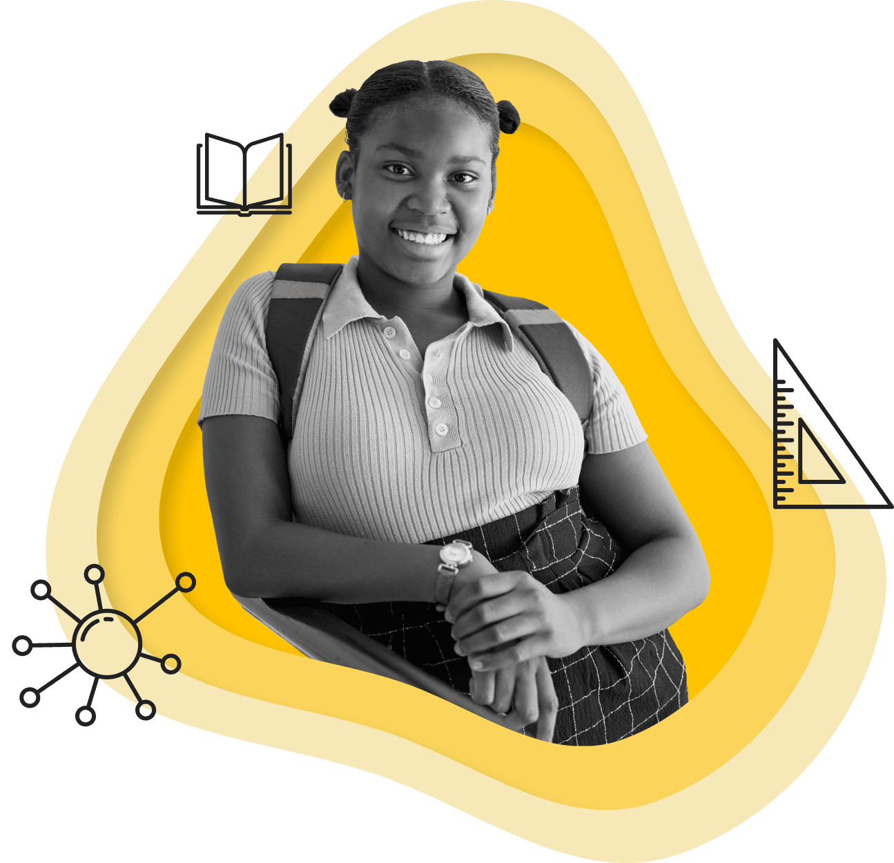 Smiling female student inside of a yellow blob with education icons around her